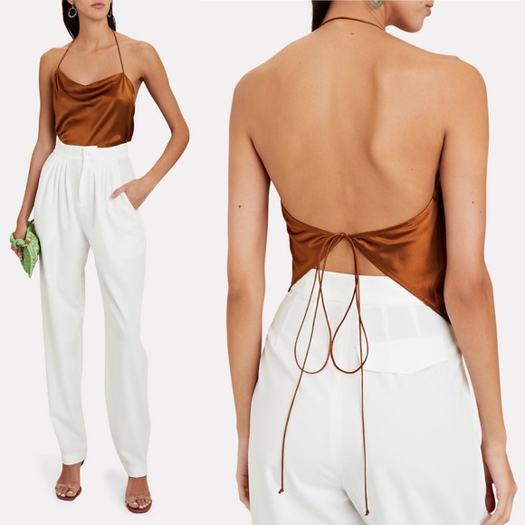 The Sei Womens 100% Silk Open Back Halter Top 8 Camel Satin Asymmetric Cowl - Picture 1 of 12